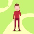 Teen boy character serious phone call male red suit template for design work and animation on green background full