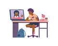 Teen boy character studying online at home, flat vector illustration isolated. Royalty Free Stock Photo