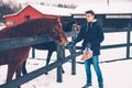 Teen boy feeding a horse on the ranch Royalty Free Stock Photo