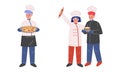 Teen Boy and Girl Chef in White Toque and Jacket Holding Plate with Hamburger and Pizza Vector Set Royalty Free Stock Photo