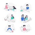 Teen Boy and Girl Doing Homework Sitting at Desk Studying with Book and Computer Vector Set Royalty Free Stock Photo