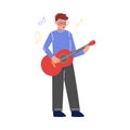 Teen Boy Guitar Playing Musical Instrument, Young Talented Male Musician Character Vector Illustration on White