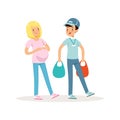 Teen boy helping pregnant woman with shopping packages. Cartoon kid in blue cap, t-shirt and jeans. Teenager volunteer