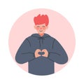 Teen Boy Making Heart Hand Gesture, Teenager Expressing Positive Emotions, Nonverbal Communication Concept Cartoon