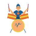 Teen boy playing music on drums, cartoon flat vector illustration isolated. Royalty Free Stock Photo