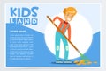 Teen boy raking fall leaves in garden, eco concept, kids land banner flat vector Royalty Free Stock Photo