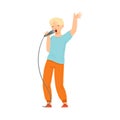 Teen Boy Standing and Singing with Microphone Performing on Stage Vector Illustration