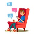 Teen Boy Vector. Happy Boy Talking, Chatting On Network. Devices And Social Media Addiction. Flat Cartoon
