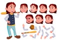 Teen Boy Vector. Teenager. Cute, Comic. Joy. Face Emotions, Various Gestures. Baseball Sport Player. Animation Creation
