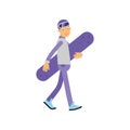 Teen boy walking with snowboard, boy doing sport, active lifestyle vector Illustration