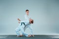 The two boys fighting at Aikido training in martial arts school. Healthy lifestyle and sports concept Royalty Free Stock Photo