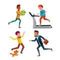 Teen Boys Hurry Running And Exercising Set Vector