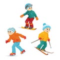 Teen boys skiing, snowboarding and ice skating