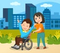 Teen couple walking and talking outdoor in park. Girl pushes wheelchair. Disabled man on walk