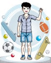 Teen cute little boy standing in stylish casual clothes. Vector Royalty Free Stock Photo