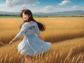 A teen cute old girl with happy face playing in the wheat field