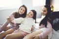 teen friends girls with smartphone taking selfie at home Royalty Free Stock Photo