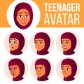 Teen Girl Avatar Set Vector. Arab, Muslim. Face Emotions. Flat, Portrait. Cute, Comic, Web. Cartoon Head Illustration