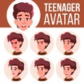 Teen Girl Avatar Set Vector. Face Emotions. School Student. Cartoon Head Illustration