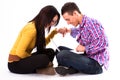 Teen girl and boy with white laptop Royalty Free Stock Photo