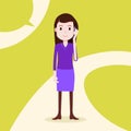 Teen girl character serious phone call female template for design work and animation on yellow background full length