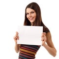 Teen girl cheerful holding blank white paper