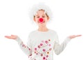 Teen girl in clown wig and red nose isolated Royalty Free Stock Photo