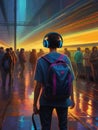 teen girl cmmute in train metro station wearing casual, earphone in a fantasy neon glow atmosphere