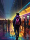 teen girl cmmute in train metro station wearing casual, earphone in a fantasy neon glow atmosphere