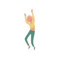 Teen girl dancing with hands up. Young female student having fun at party. Active lifestyle. Flat vector illustration