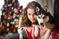 Teen girl with dog , for Christmas Royalty Free Stock Photo