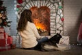 Teen girl with dog , for Christmas Royalty Free Stock Photo