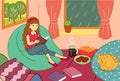 Teen Girl Enjoy Reading at Rainy Day Vector Illustration