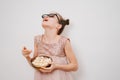 teen girl with glasses to watch 3D movies throws in his mouth popcorn Royalty Free Stock Photo