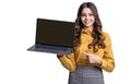 teen girl has online school education, pointing. photo of girl has online school education. Royalty Free Stock Photo