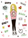 Teen girl is holding her diary. Young blonde girl wearing a sweatshirt, leggings and sneakers. Set of different girl attributes.