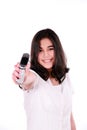 Teen girl holding out cellphone Royalty Free Stock Photo