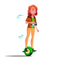 Teen Girl On Hoverboard Vector. Riding On Gyro Scooter. One-Wheel Electric Self-Balancing Scooter. Positive Person