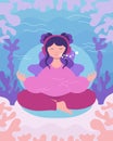 Teen girl - meditation in ocean. Young woman meditates in lotus. Self care, wellness, mindfulness - vector illustration Royalty Free Stock Photo