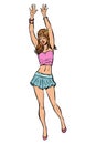 Teen girl in mini skirt. woman disco dance isolate on white background