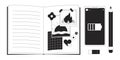 Teen girl notebook smartphone black and white 2D line cartoon objects set