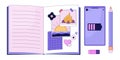 Teen girl notebook smartphone 2D linear cartoon objects set