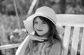 Teen girl outdoors, close-up. Portrait of attractive little teen with beautiful happy smiling face. Nature childhood Royalty Free Stock Photo