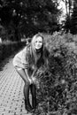 Teen girl posing in the Park. Black and white photo. Royalty Free Stock Photo