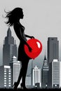 Teen girl with red balloon and modern city skyline