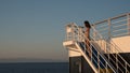 Teen girl in shorts standing on top of blue stairway on ferry boat Royalty Free Stock Photo