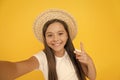 Teen girl summer fashion. Little beauty in straw hat. Beach style for kids. Visit tropical islands. Turn back brim straw
