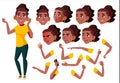 Teen Girl Vector. Black. Afro American. Teenager. Positive Person. Face Emotions, Various Gestures. Animation Creation