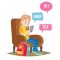 Teen Girl Vector. Happy Girl Talking, Chatting On Network. Devices And Social Media Addiction. Flat Cartoon Royalty Free Stock Photo