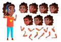 Teen Girl Vector. Teenager. Black. Afro American. Friends, Life. Emotional, Pose. Face Emotions, Various Gestures